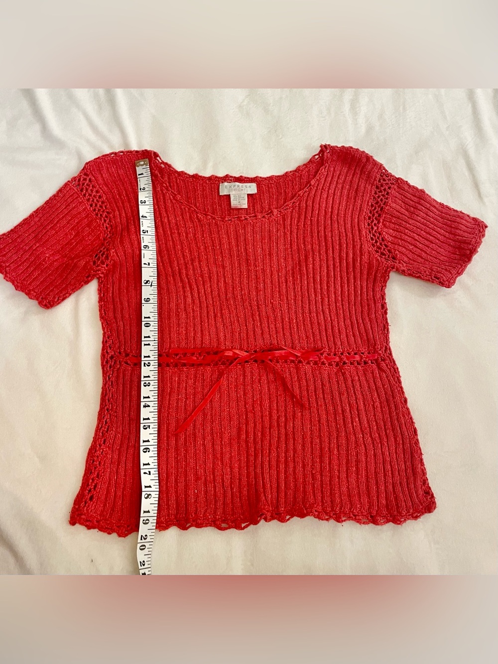 Express Red Ribbed Short Sleeve Tie-Waist Sweater